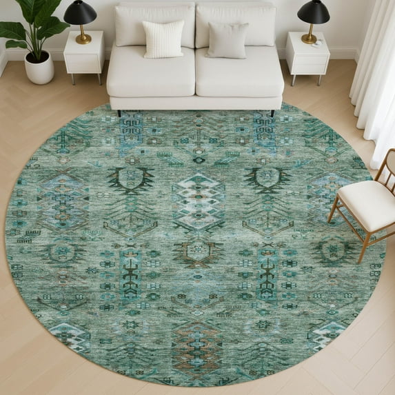 Addison Rugs Mayfield Premium Machine Washable Traditional Global Green Round Rug, 8' x 8'