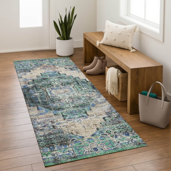 Addison Rugs Mayfield Premium Machine Washable Traditional Global Green Runner Rug, 2'3" x 7'6"
