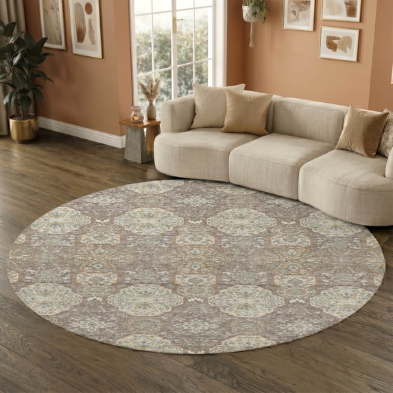 Addison Rugs Mayfield Premium Machine Washable Traditional Global Mocha Round Rug, 8' x 8'