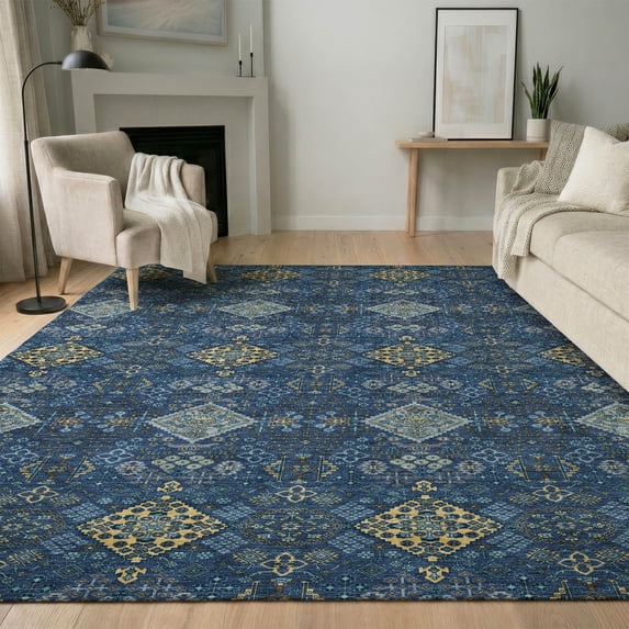 Addison Rugs Mayfield Premium Machine Washable Traditional Global Navy Rectangle Rug, 3' x 5'