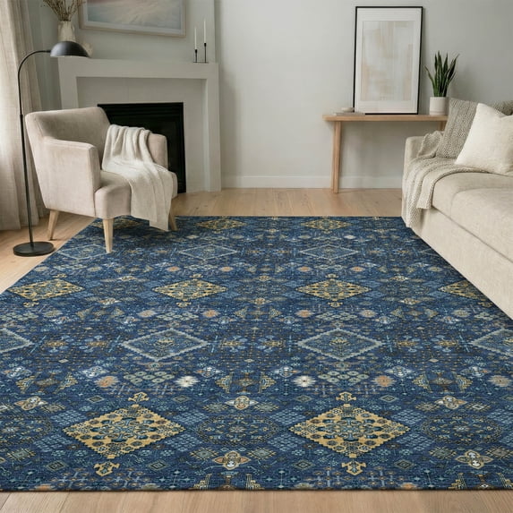 Addison Rugs Mayfield Premium Machine Washable Traditional Global Navy Rectangle Rug, 5' x 7'6"