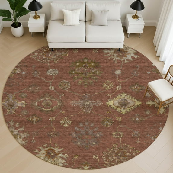 Addison Rugs Mayfield Premium Machine Washable Traditional Global Paprika Round Rug, 8' x 8'