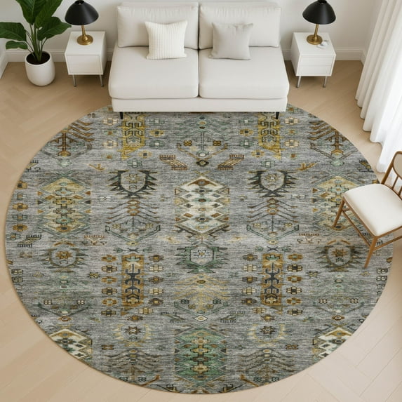 Addison Rugs Mayfield Premium Machine Washable Traditional Global Pewter Round Rug, 8' X 8' Machine Washable Traditional Global Pewter Oversized Sherpa Throw Blanket
