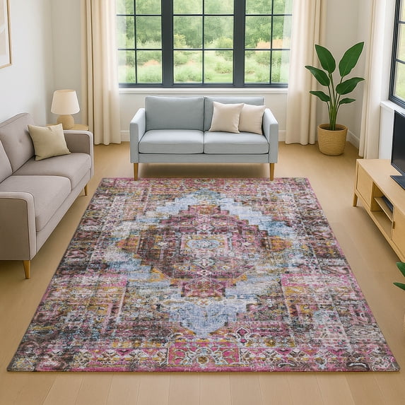 Addison Rugs Mayfield Premium Machine Washable Traditional Global Pink Rectangle Rug, 10' x 14'