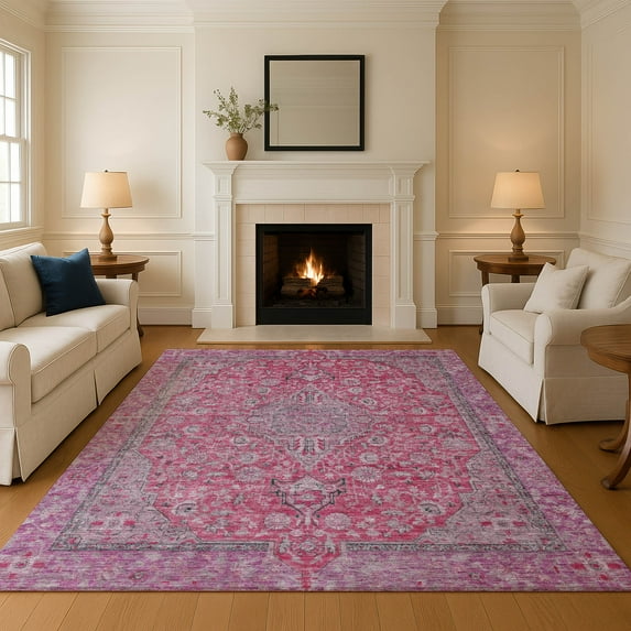 Addison Rugs Mayfield Premium Machine Washable Traditional Global Pink Rectangle Rug, 3' X 5' Machine Washable Traditional Global Pink Oversized Sherpa Throw Blanket
