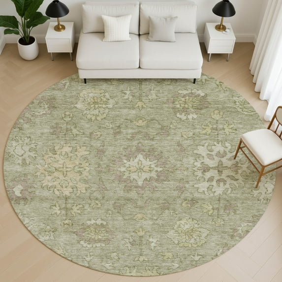 Addison Rugs Mayfield Premium Machine Washable Traditional Global Sage Round Rug, 8' X 8' Machine Washable Traditional Global Sage Oversized Sherpa Throw Blanket