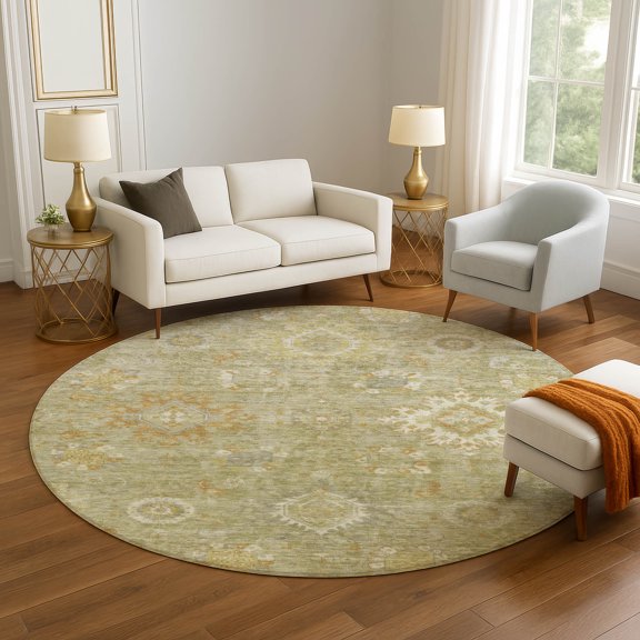 Addison Rugs Mayfield Premium Machine Washable Traditional Global Sage Round Rug, 8' x 8'