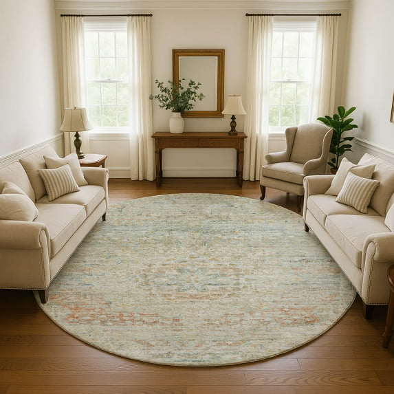 Addison Rugs Mayfield Premium Machine Washable Traditional Global Tan Round Rug, 8' x 8'