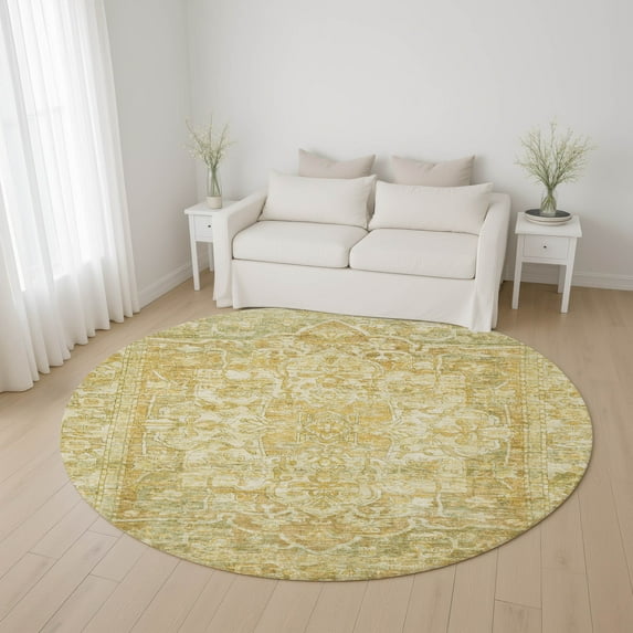 Addison Rugs Mayfield Premium Machine Washable Traditional Global Tan Round Rug, 8' x 8'
