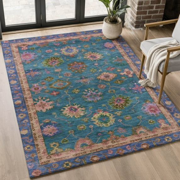 Addison Rugs Mayfield Premium Machine Washable Traditional Global Teal Rectangle Rug, 9' X 12' Machine Washable Traditional Global Teal Oversized Sherpa Throw Blanket