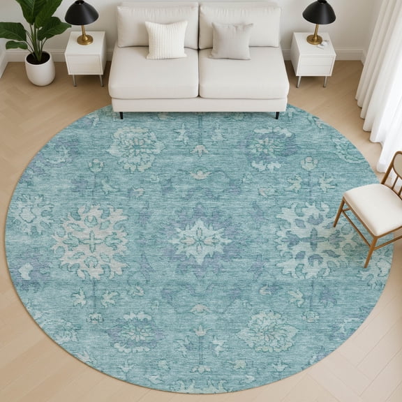 Addison Rugs Mayfield Premium Machine Washable Traditional Global Teal Round Rug, 8' X 8' Machine Washable Traditional Global Teal Oversized Sherpa Throw Blanket
