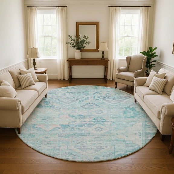 Addison Rugs Mayfield Premium Machine Washable Traditional Global Teal Round Rug, 8' X 8' Machine Washable Traditional Global Teal Oversized Sherpa Throw Blanket