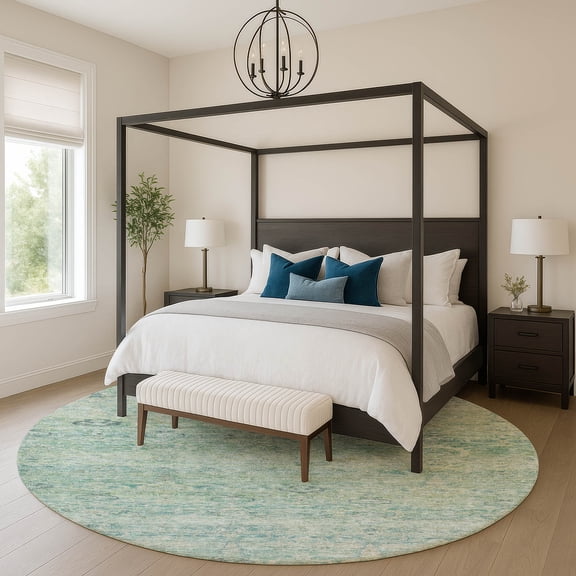 Addison Rugs Mayfield Premium Machine Washable Traditional Global Teal Round Rug, 8' X 8' Machine Washable Traditional Global Teal Oversized Sherpa Throw Blanket