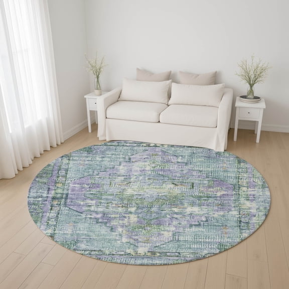 Addison Rugs Mayfield Premium Machine Washable Traditional Global Teal Round Rug, 8' x 8'