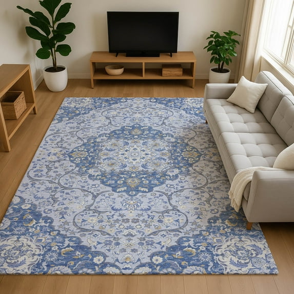 Addison Rugs Mayfield Premium Machine Washable Traditional Medallion Blue Rectangle Rug, 3' X 5' Machine Washable Traditional Medallion Blue Oversized Sherpa Throw Blanket