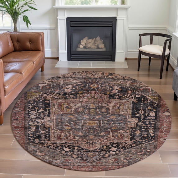 Addison Rugs Mayfield Premium Machine Washable Traditional Medallion Charcoal Round Rug, 8' x 8'