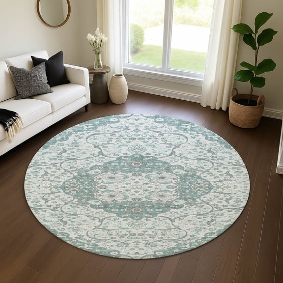 Addison Rugs Mayfield Premium Machine Washable Traditional Medallion Teal Round Rug, 8' X 8' Machine Washable Traditional Medallion Teal Oversized Sherpa Throw Blanket