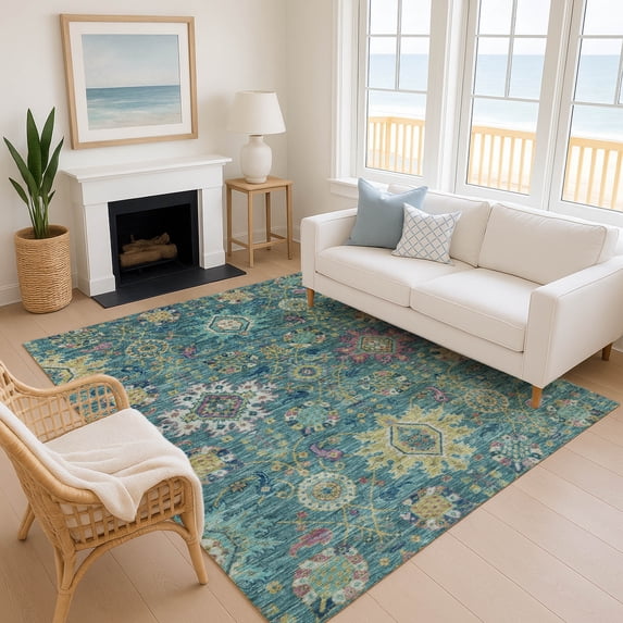 Addison Rugs Mayfield Premium Machine Washable Traditional Medallions Teal Rectangle Rug, 10' x 14'