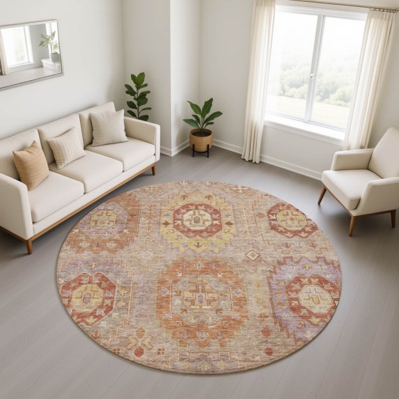 Addison Rugs Mayfield Premium Machine Washable Traditional Panel Khaki Round Rug, 8' x 8'