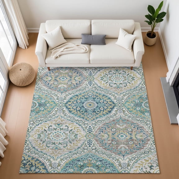 Addison Rugs Mayfield Premium Machine Washable Traditional Panels Teal Rectangle Rug, 10' x 14'