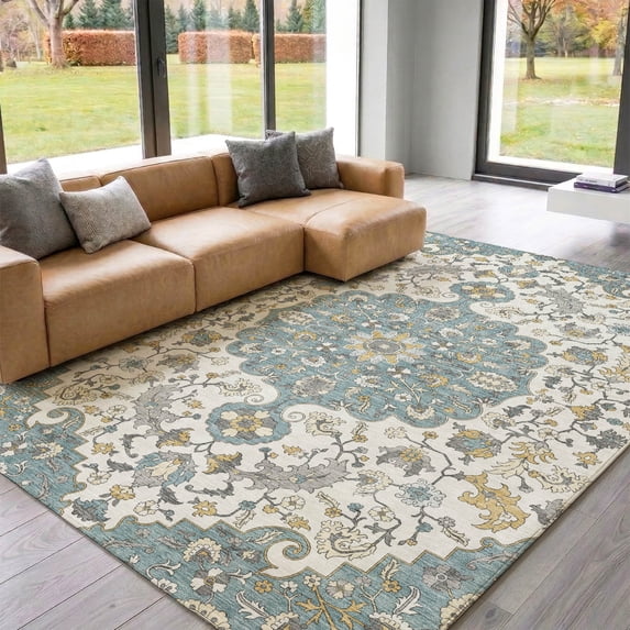 Addison Rugs Mayfield Premium Machine Washable Traditional Traditional Teal Rectangle Rug, 10' x 14'