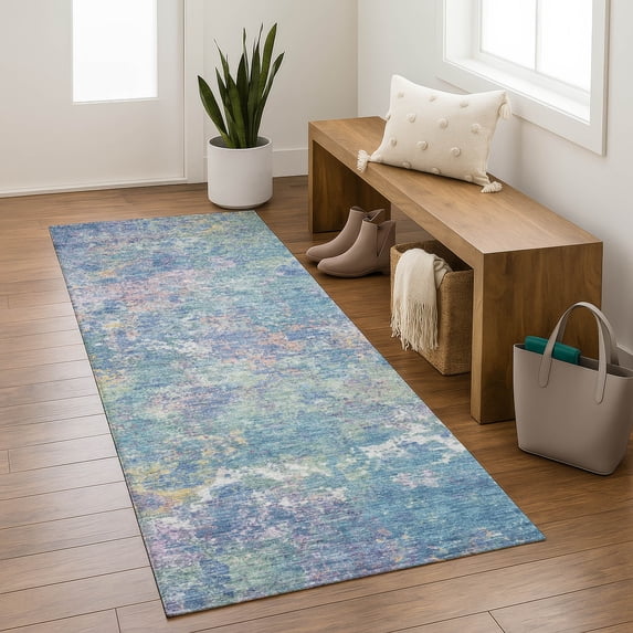 Addison Rugs Mayfield Premium Machine Washable Transitional Abstract Aqua Runner Rug, 2'3" x 7'6"