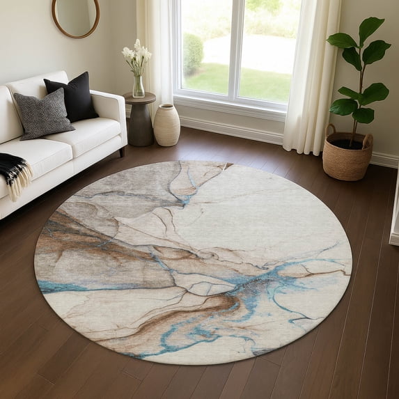Addison Rugs Mayfield Premium Machine Washable Transitional Abstract Beige Round Rug, 8' x 8'