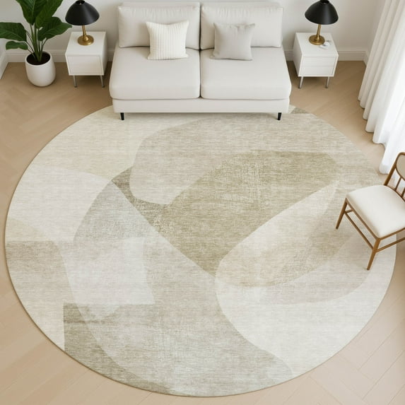 Addison Rugs Mayfield Premium Machine Washable Transitional Abstract Beige Round Rug, 8' x 8'