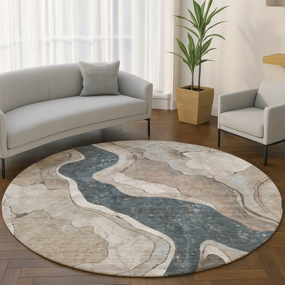 Addison Rugs Mayfield Premium Machine Washable Transitional Abstract Beige Round Rug, 8' x 8'