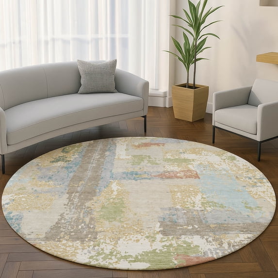 Addison Rugs Mayfield Premium Machine Washable Transitional Abstract Beige Round Rug, 8' x 8'