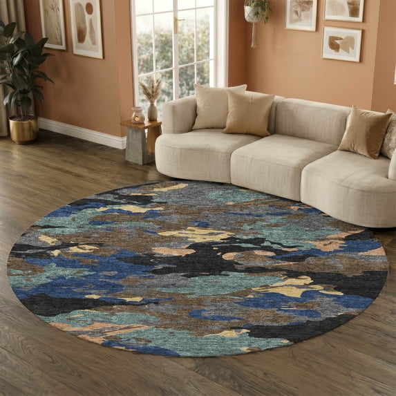 Addison Rugs Mayfield Premium Machine Washable Transitional Abstract Black Round Rug, 8' x 8'