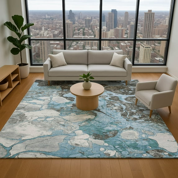 Addison Rugs Mayfield Premium Machine Washable Transitional Abstract Blue Rectangle Rug, 3' x 5'