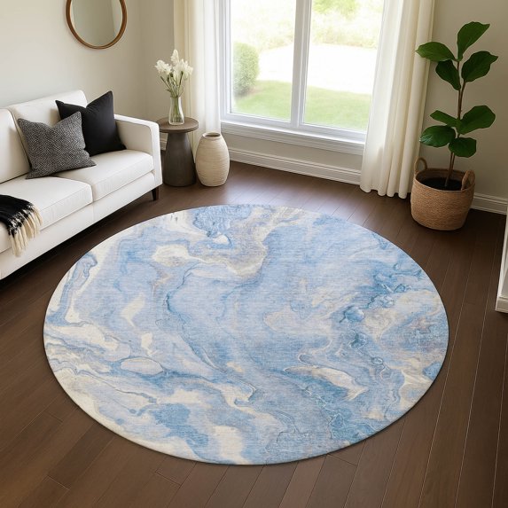 Addison Rugs Mayfield Premium Machine Washable Transitional Abstract Blue Round Rug, 8' x 8'
