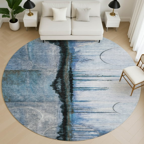Addison Rugs Mayfield Premium Machine Washable Transitional Abstract Blue Round Rug, 8' X 8' Machine Washable Transitional Abstract Blue Oversized Sherpa Throw Blanket