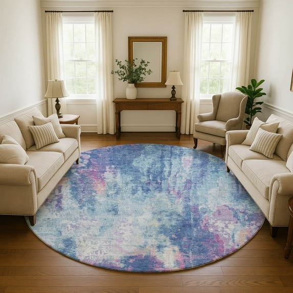 Addison Rugs Mayfield Premium Machine Washable Transitional Abstract Blue Round Rug, 8' x 8'