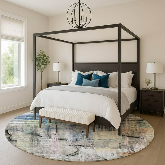 Addison Rugs Mayfield Premium Machine Washable Transitional Abstract Blue Round Rug, 8' X 8' Machine Washable Transitional Abstract Blue Oversized Sherpa Throw Blanket