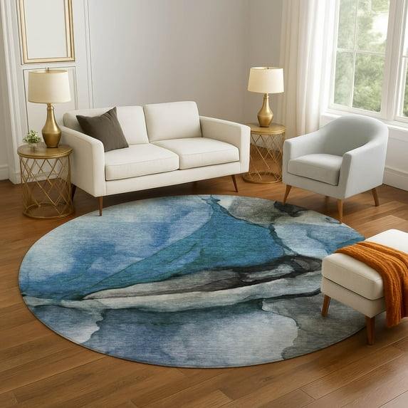 Addison Rugs Mayfield Premium Machine Washable Transitional Abstract Blue Round Rug, 8' x 8'