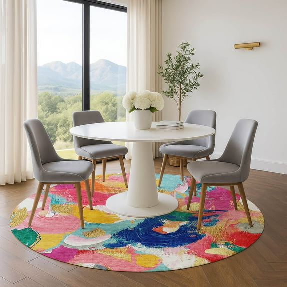 Addison Rugs Mayfield Premium Machine Washable Transitional Abstract Blush Round Rug, 8' x 8'