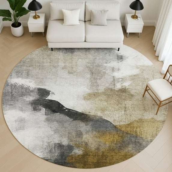 Addison Rugs Mayfield Premium Machine Washable Transitional Abstract Brown Round Rug, 8' X 8' Machine Washable Transitional Abstract Brown Oversized Sherpa Throw Blanket