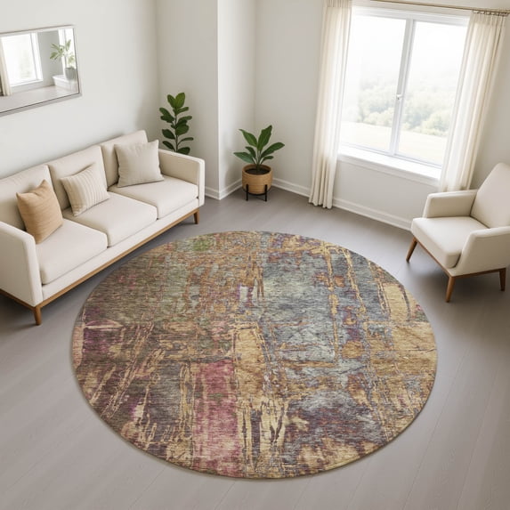 Addison Rugs Mayfield Premium Machine Washable Transitional Abstract Brown Round Rug, 8' x 8'