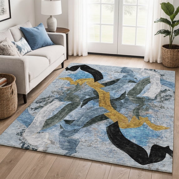 Addison Rugs Mayfield Premium Machine Washable Transitional Abstract Denim Rectangle Rug, 9' x 12'