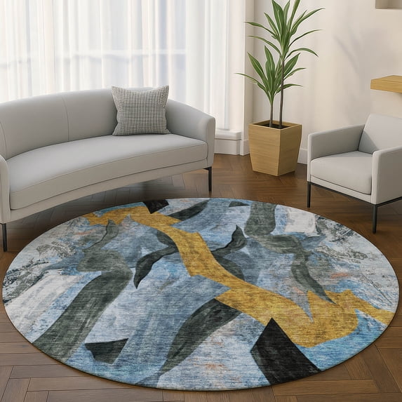 Addison Rugs Mayfield Premium Machine Washable Transitional Abstract Denim Round Rug, 8' x 8'