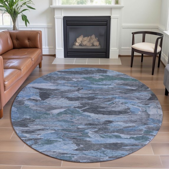 Addison Rugs Mayfield Premium Machine Washable Transitional Abstract Denim Round Rug, 8' x 8'