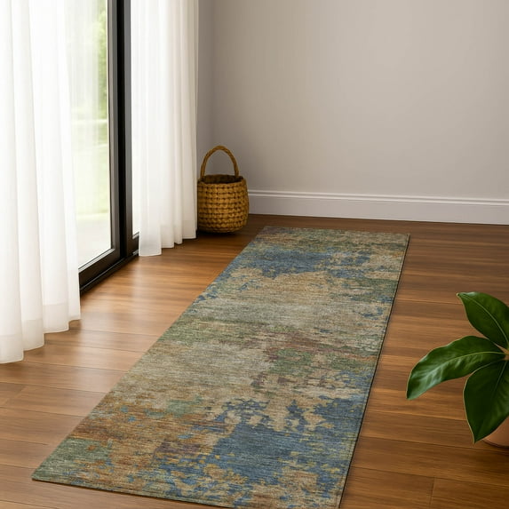 Addison Rugs Mayfield Premium Machine Washable Transitional Abstract Denim Runner Rug, 2'3" X 7'6" Machine Washable Transitional Abstract Denim Oversized Sherpa Throw Blanket