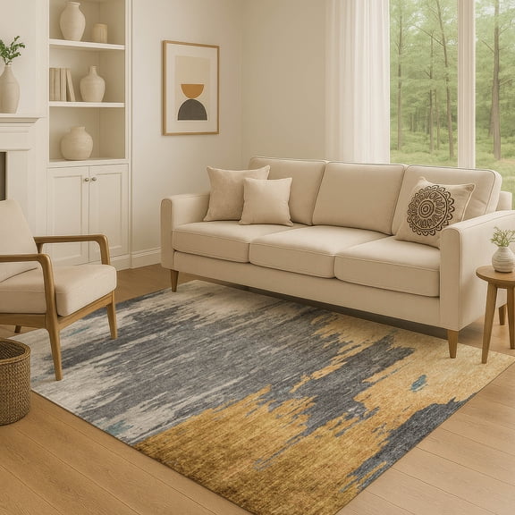Addison Rugs Mayfield Premium Machine Washable Transitional Abstract Gold Rectangle Rug, 3' x 5'