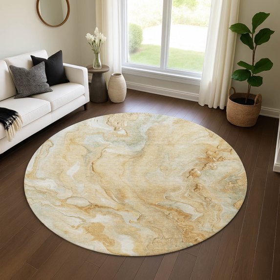 Addison Rugs Mayfield Premium Machine Washable Transitional Abstract Gold Round Rug, 8' x 8'