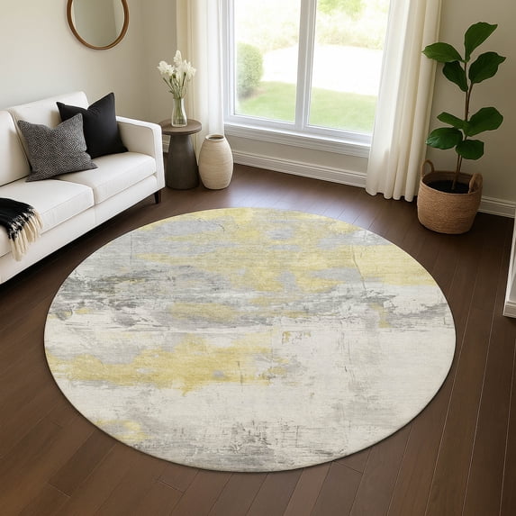 Addison Rugs Mayfield Premium Machine Washable Transitional Abstract Gold Round Rug, 8' x 8'