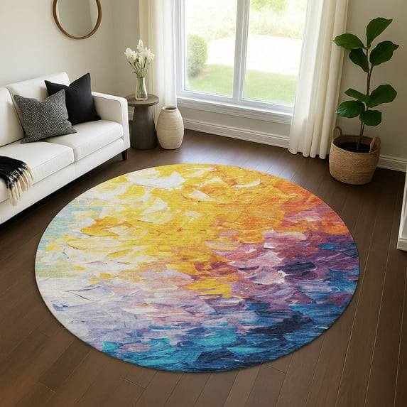Addison Rugs Mayfield Premium Machine Washable Transitional Abstract Gold Round Rug, 8' X 8' Machine Washable Transitional Abstract Gold Oversized Sherpa Throw Blanket
