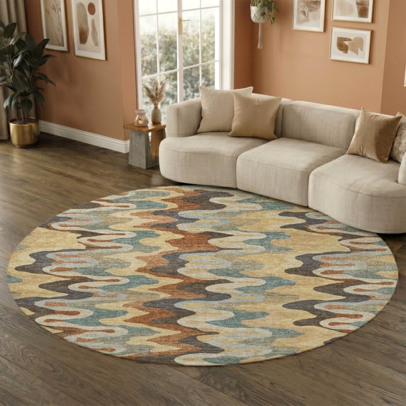 Addison Rugs Mayfield Premium Machine Washable Transitional Abstract Gold Round Rug, 8' x 8'