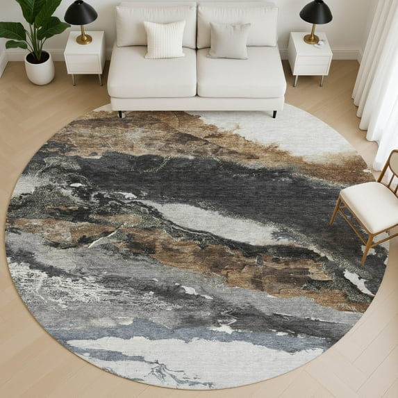 Addison Rugs Mayfield Premium Machine Washable Transitional Abstract Gray Round Rug, 8' x 8'